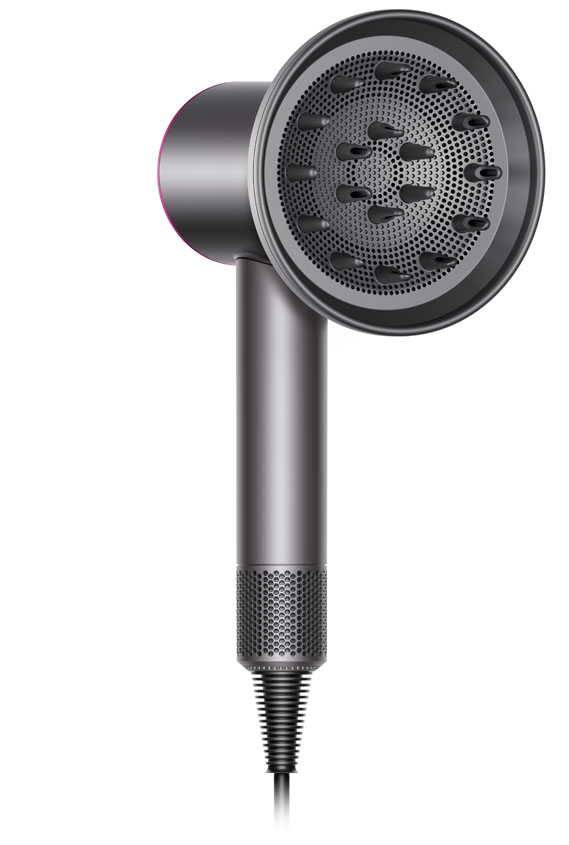 The Dyson Supersonic&trade; hair dryer, fitted with diffuser